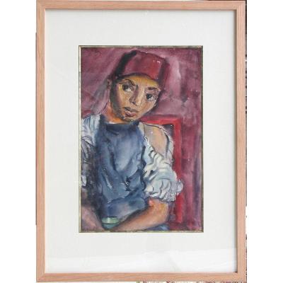 Lou Albert Lasard "portrait Of A Young Moroccan" Watercolor 43x29